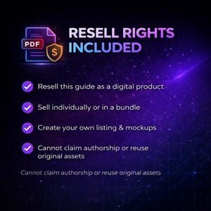 May include: Digital product graphic with the text "RESELL RIGHTS INCLUDED." Features a PDF icon with a dollar sign, and checkmarks next to bullet points about reselling the guide, selling individually or in a bundle, and creating listings.
