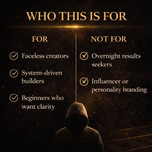 May include: A graphic with the text "WHO THIS IS FOR" in gold lettering. The image is divided into two columns, "FOR" and "NOT FOR", listing characteristics. A hooded figure is at the bottom. The background is dark with golden sparkles.