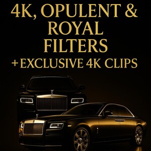 Puede incluir: Dos coches de lujo negros sobre un fondo oscuro. El texto dorado dice "4K, OPULENT & ROYAL FILTERS + EXCLUSIVE 4K CLIPS". Los coches tienen faros brillantes y el adorno del capó icónico.