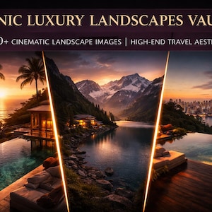 May include: Image featuring a collection of cinematic landscape images. The title reads "Scenic Luxury Landscapes Vault" with the text "300+ cinematic landscape images | High-end travel aesthetic". The image showcases various scenic views.