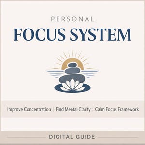 Puede incluir: Una guía digital titulada "Personal Focus System" con el texto "Improve Concentration | Find Mental Clarity | Calm Focus Framework". La imagen presenta un logotipo de piedras apiladas, un sol y una flor de loto.