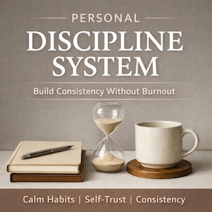 May include: Image featuring a stack of books, a pen, an hourglass, a mug on a wooden coaster. Text reads "PERSONAL DISCIPLINE SYSTEM" and "Build Consistency Without Burnout". Additional text: "Calm Habits | Self-Trust | Consistency".