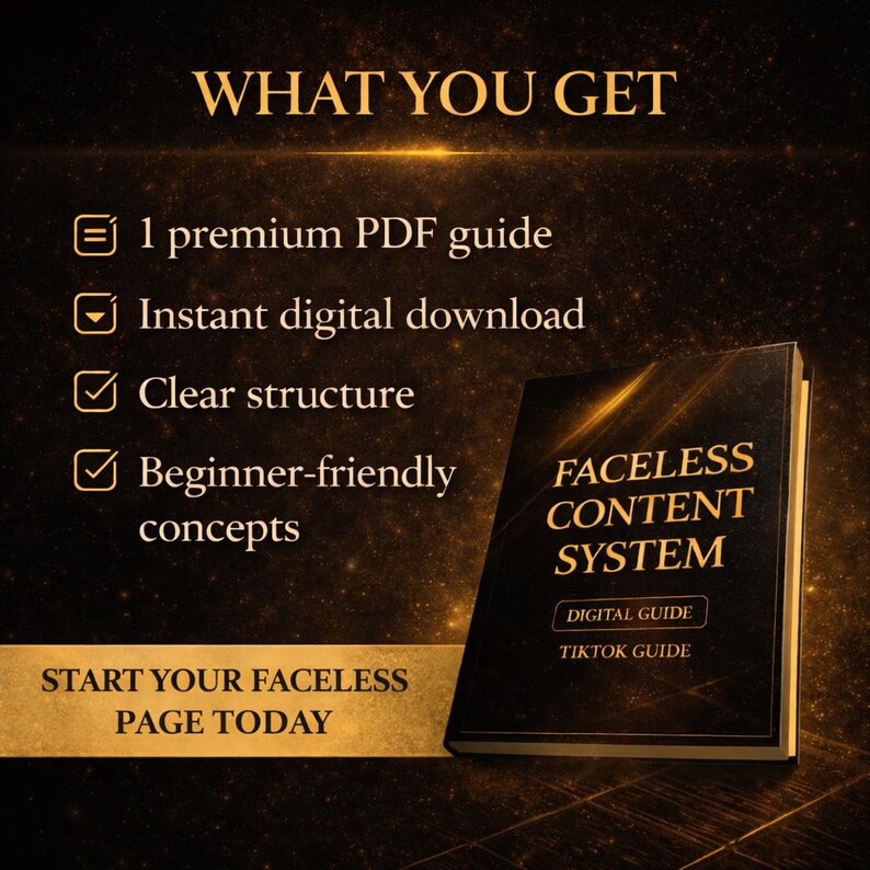 May include: A digital guide titled "FACELESS CONTENT SYSTEM" with gold lettering on a black background. The image lists benefits: a premium PDF guide, instant download, clear structure, and beginner-friendly concepts. The text "START YOUR FACELESS PAGE TODAY" is also visible.