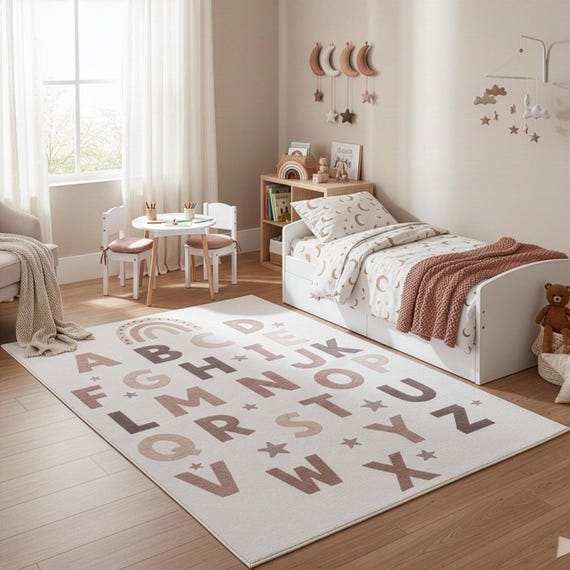 ABC Kinderteppich Alphabet Creme | Lernteppich Kinderzimmer | Montessori