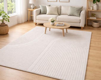 Short-pile rug for living room/bedroom, beige/cream, cotton, soft, non-slip, runner, easy to clean, modern design, all sizes