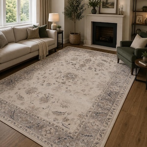 Puede incluir: Una alfombra rectangular con una base de color crema y un patrón floral complejo y desvanecido en tonos gris, topo y azul apagado. La alfombra tiene un borde ancho y detallado con motivos botánicos repetidos y un acabado de aspecto envejecido.