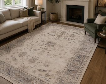Vintage Washable Rug Galata 1143 Beige – Non-slip, Short Pile, Oriental Rug for Living Room, Bedroom & Hallway