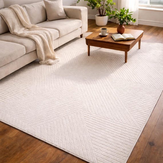 Moderner Kurzflor Teppich Beige Creme Grau – Weich & Rutschfest – Minimalistisch – Wohnzimmer Schlafzimmer – Alle Größen -Dianas Home