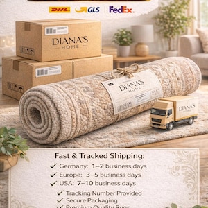 May include: A rolled beige rug with a patterned design, labeled "DIANA'S HOME." The image includes cardboard boxes, a toy truck, and the text "FAST DELIVERY FROM GERMANY."