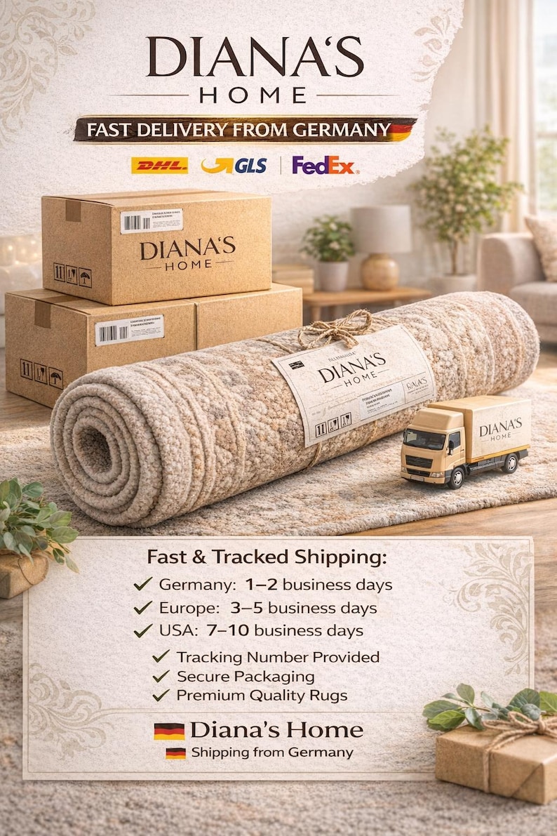 May include: A rolled beige rug with a patterned design, labeled "DIANA'S HOME." The image includes cardboard boxes, a toy truck, and the text "FAST DELIVERY FROM GERMANY."