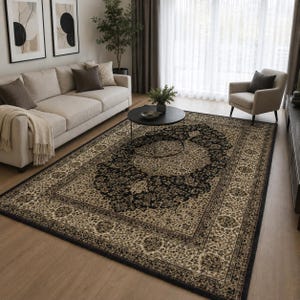 Tapis oriental classique noir | tapis vintage à motif traditionnel | tapis de salon