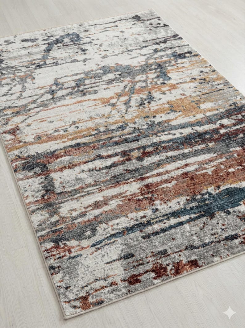 Colorful short-pile rug – Modern, multicolored living room rug – Abstract design – Washable & soft – Beige, gray, multicolored image 6