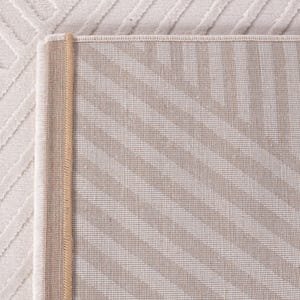 May include: Close-up of a beige and white rug with a geometric pattern. The rug has a textured surface with a diagonal striped design in beige and white. The edge is finished with a tan border.