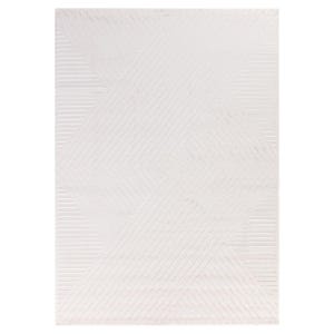 May include: A rectangular white rug with a geometric pattern. The design features diagonal lines and shapes, creating a textured appearance. The rug's neutral color and pattern make it suitable for various interior styles.