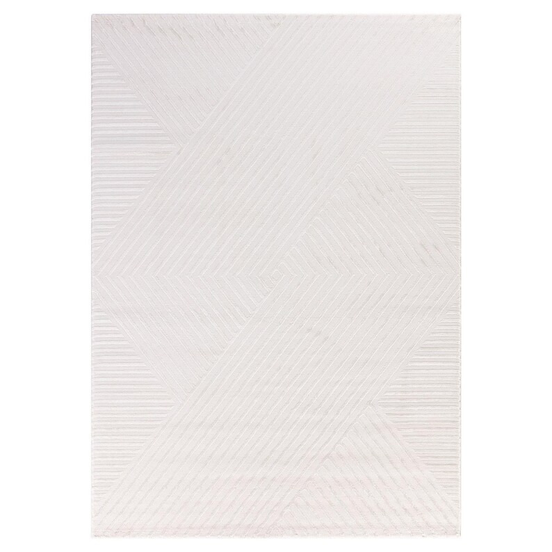 May include: A rectangular white rug with a geometric pattern. The design features diagonal lines and shapes, creating a textured appearance. The rug's neutral color and pattern make it suitable for various interior styles.