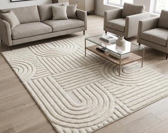 Alfombra moderna en beige, crema, gris y rosa – diseño geométrico de arcos, textura de alto y bajo relieve, alfombra suave para sala de estar – MONZA