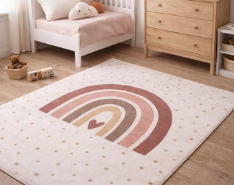Tapis enfant arc-en-ciel crème | tapis chambre bébé et fille | tapis de jeu antidérapant et lavable