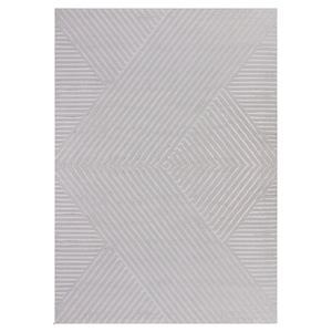 May include: A rectangular, light gray rug with a geometric pattern. The design features intersecting diagonal lines and parallel stripes, creating a textured, modern aesthetic. The rug's neutral color palette makes it suitable for various interior styles.