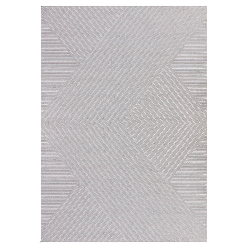 May include: A rectangular, light gray rug with a geometric pattern. The design features intersecting diagonal lines and parallel stripes, creating a textured, modern aesthetic. The rug's neutral color palette makes it suitable for various interior styles.