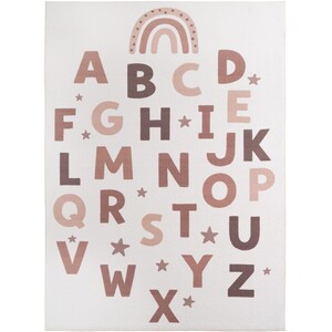 May include: A cream-colored rug featuring the alphabet in various shades of brown. A rainbow design is at the top. Small star shapes are scattered around the letters. The rug is designed for a nursery or children's room.