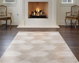 Tappeto moderno a pelo corto, beige e grigio | Soggiorno | Facile da pulire e antiscivolo