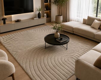 Round High-Pile Modern Rug – Soft Shaggy Rug in Beige, Cream & Silver – Living Room, Bedroom – Scandinavian Design – Arc