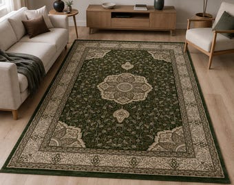 May include: A rectangular area rug featuring a deep forest green field with a central beige floral medallion and intricate vine patterns. The rug is framed by a wide, ornate border in shades of beige and cream with repeating botanical motifs.