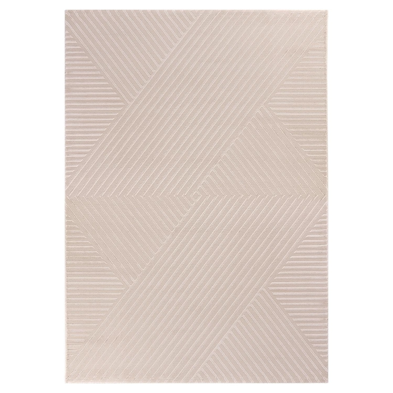 May include: A rectangular rug with a geometric design. The rug features a pattern of diagonal lines in a neutral beige color. The lines intersect to create a series of triangles and other shapes, adding visual interest to the rug's surface.