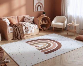 Tapis enfant arc-en-ciel crème | tapis chambre bébé et fille | tapis de jeu antidérapant et lavable