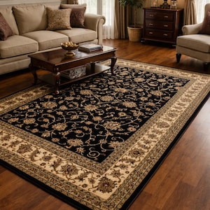 Tappeto orientale nero e oro | Stile persiano vintage | Soggiorno