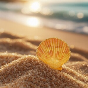 May include: A close-up of a scallop seashell on a sandy beach. The shell is a warm orange color with a golden edge, and it is resting on a small dune of sand. The background shows the ocean and the sun.