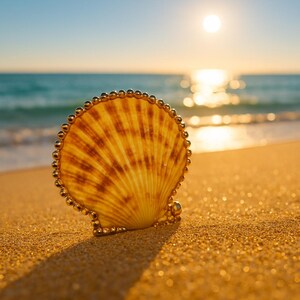 May include: A decorative seashell with a golden beaded trim rests on a sandy beach. The shell is a light tan color with darker brown stripes radiating from the center. The sun shines brightly in the background over the ocean.
