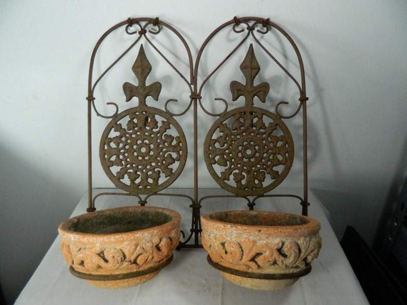 Vintage Plant Holder Clay Pot Iron Wall Garden Planter Double Etsy