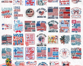 30+ Loves Jesus And America Too PNG Bundle, Patriotic Coquette Bow Sublimation Design, Christian 4th of July Digital Download, Faith Based