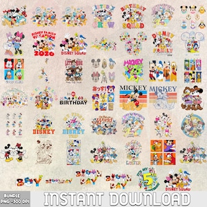 May include: A collection of colorful Disney-themed graphics featuring Mickey Mouse, Minnie Mouse, Donald Duck, and other characters. Designs include text like "Disney Family Vacation," "Birthday Crew," and "Instant Download."