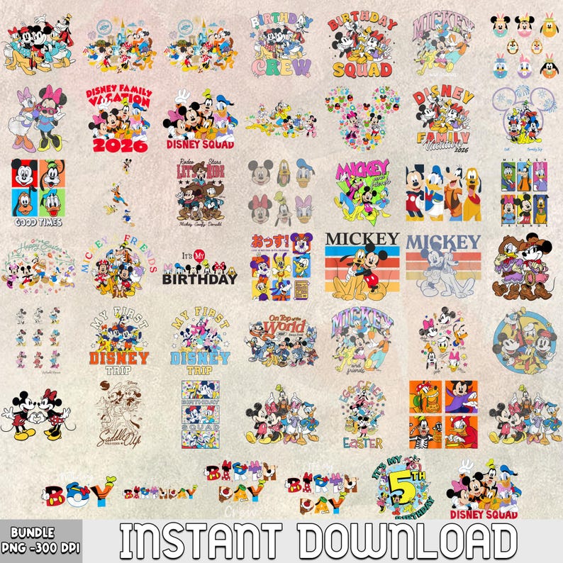 May include: A collection of colorful Disney-themed graphics featuring Mickey Mouse, Minnie Mouse, Donald Duck, and other characters. Designs include text like "Disney Family Vacation," "Birthday Crew," and "Instant Download."