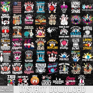 May include: A digital download bundle featuring various bowling-themed designs. The designs include bowling balls, pins, and humorous phrases like "Spare Me," "Gutter Gang," and "Bowling Queen." The color palette includes black, white, and vibrant accents.