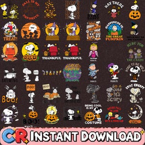 Puede incluir: Una colección digital de gráficos de Halloween con temática de Peanuts que muestra a Snoopy, Charlie Brown y amigos con varios disfraces, incluyendo calabazas, fantasmas y murciélagos, con textos como 'Trick or Treat' y 'The Great Pumpkin'.