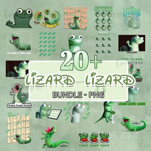 May include: A collection of green lizard-themed PNG graphics. The images feature various lizard illustrations with the text "Tom Lizard" and "Lizard" in different styles. The bundle includes over 20 images, perfect for digital art projects.