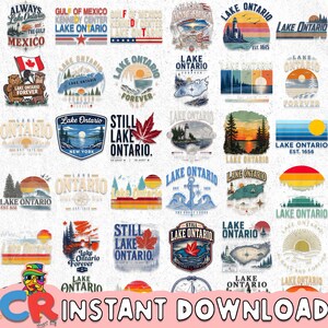 Könnte beinhalten: Eine digitale Sammlung von Lake Ontario Grafikdesigns mit verschiedenen Illustrationen von Leuchttürmen, Ahornblättern, Sonnenuntergängen und Landschaften. Die Designs enthalten Texte wie Lake Ontario, Still Lake Ontario und Lake Ontario Forever.