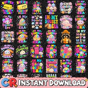 Puede incluir: Una colección digital de treinta diseños gráficos coloridos con personajes lindos y sonrientes como dumplings, ositos de goma y mantequilla, con textos como 'In My Squishy Era' y 'In My Dumpling Era' sobre un fondo negro con etiqueta de descarga.