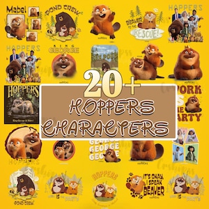 Puede incluir: Un collage de ilustraciones con personajes de "Hoppers". Las imágenes incluyen varios castores de dibujos animados, osos y otros animales. El texto incluye "20+ Hoppers Characters", "Pond Crew" y "Beaver to the Rescue!"