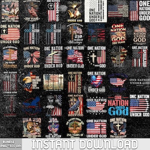 May include: A collection of patriotic designs featuring the American flag, crosses, eagles, and the phrase "One Nation Under God." The designs are in red, white, and blue, with text that reads "250 Years of Freedom" and "USA 250 Years."