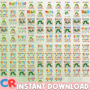 Peut inclure: Un téléchargement numérique avec un motif répétitif de texte et d'illustrations colorés de "The Very Hungry Caterpillar". Le motif comprend des mots liés à la famille comme "Maman", "Papa" et "Grand-mère".