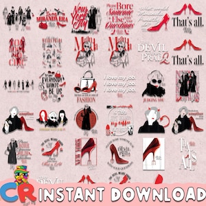 May include: A collection of digital art prints featuring fashion-themed illustrations and quotes. The designs include images of high heels, handbags, and stylized figures, with text such as "The Devil Wears Prada" and "New York City". The color palette is primarily red, black, and white.