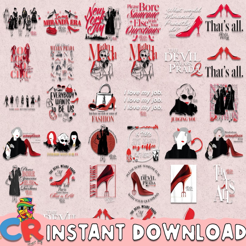 May include: A collection of digital art prints featuring fashion-themed illustrations and quotes. The designs include images of high heels, handbags, and stylized figures, with text such as "The Devil Wears Prada" and "New York City". The color palette is primarily red, black, and white.
