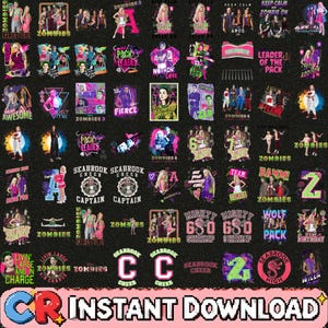 May include: A digital collection of Disney Zombies themed graphic designs featuring characters, movie logos, and cheerleading motifs in vibrant colors against a black background, with the text CR INSTANT DOWNLOAD at the bottom.