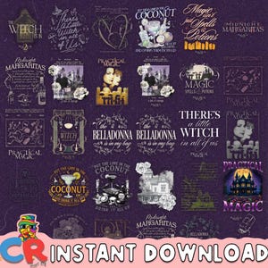 May include: A digital collection of purple-themed graphic designs featuring Practical Magic motifs, including text like "There's a little witch in all of us," "Midnight Margaritas," and "Put the lime in the coconut," alongside illustrations of houses, cocktails, and candles.