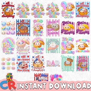 Könnte beinhalten: Eine digitale Sammlung bunter Grafikdesigns mit Cartoon-Teigtaschen in Bambusdämpfern, Regenbögen, Sternen und Texten wie Birthday Girl, All American Dumpling, You're a Glitter Dumpling und In My Dumpling Era in einer Rasteranordnung.