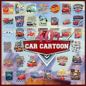Op de afbeelding: Een verzameling kleurrijke auto-cartoonafbeeldingen met verschillende personages en zinnen. Het centrale ontwerpelement luidt "40+ CAR CARTOON" in vette letters. De afbeelding toont een verscheidenheid aan ontwerpen met verschillende auto's en tekst.